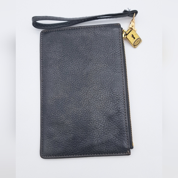 Fossil Black Leather Pouch Wristlet with Gold Padlock Charm - Picture 2 of 7